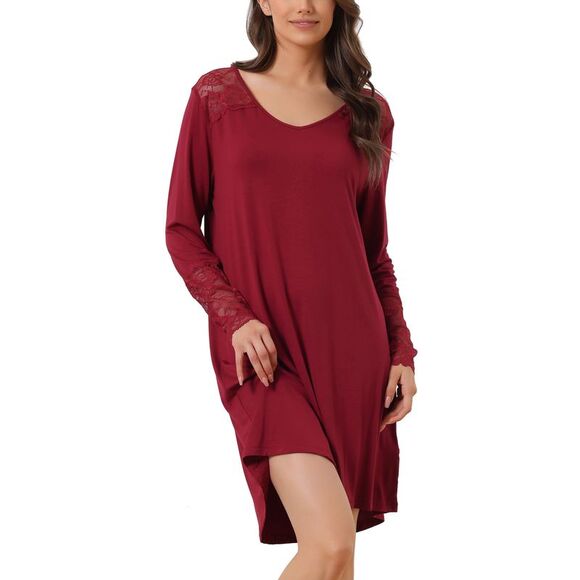 cheibear Other - Lace Trim Nightshirt Long Sleeve Pull on Nightgown T-Shirt Dress Wine Red
